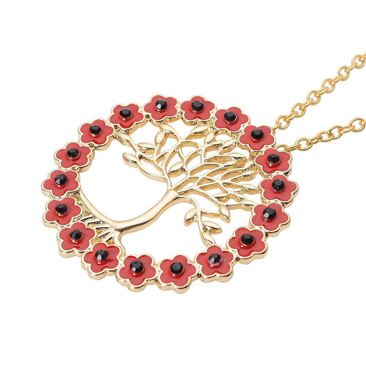 Black Austrian Crystal Enamelled Tree of Life Pendant With Chain ( Size- 24) in Gold Tone