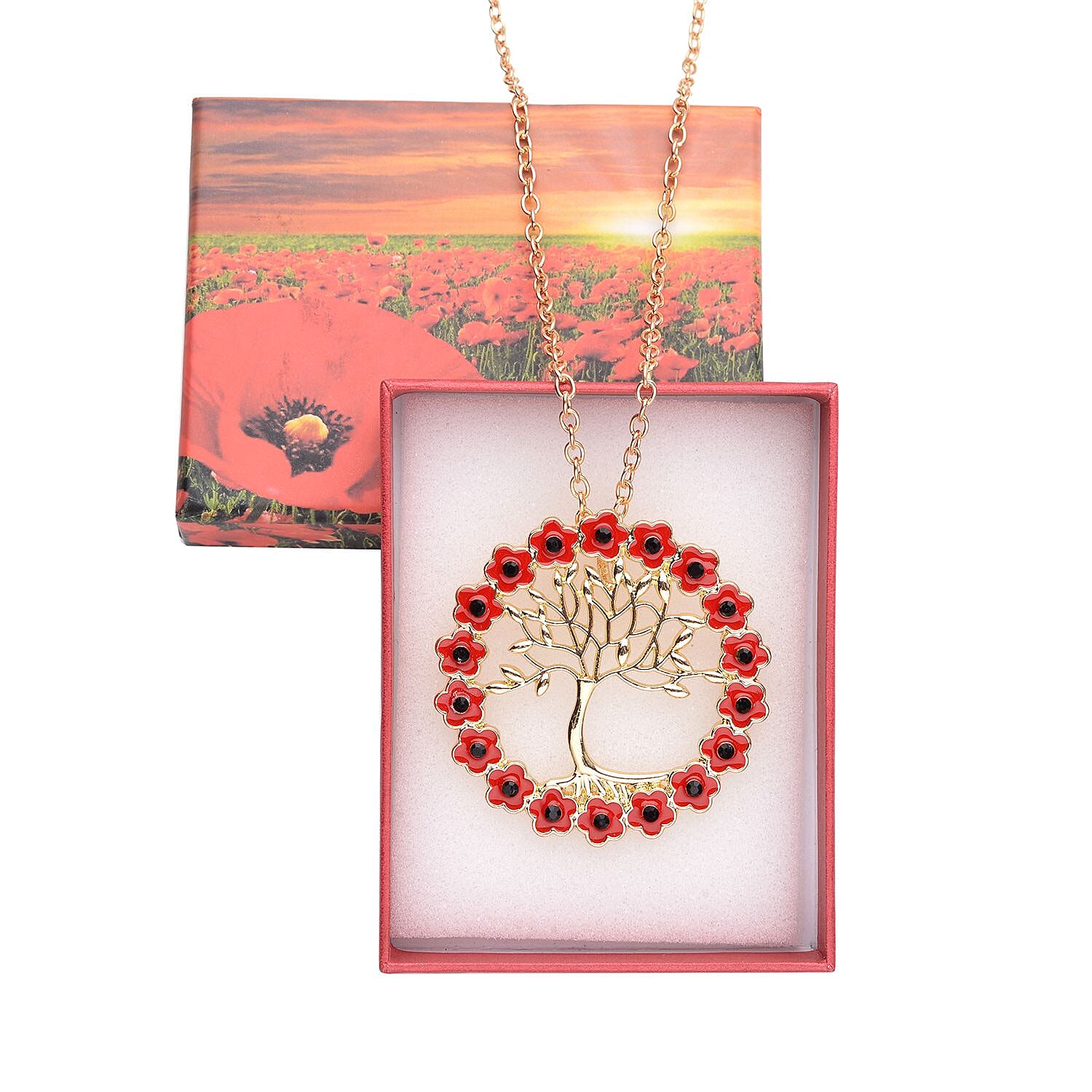 Black Austrian Crystal Enamelled Tree of Life Pendant With Chain ( Size- 24) in Gold Tone