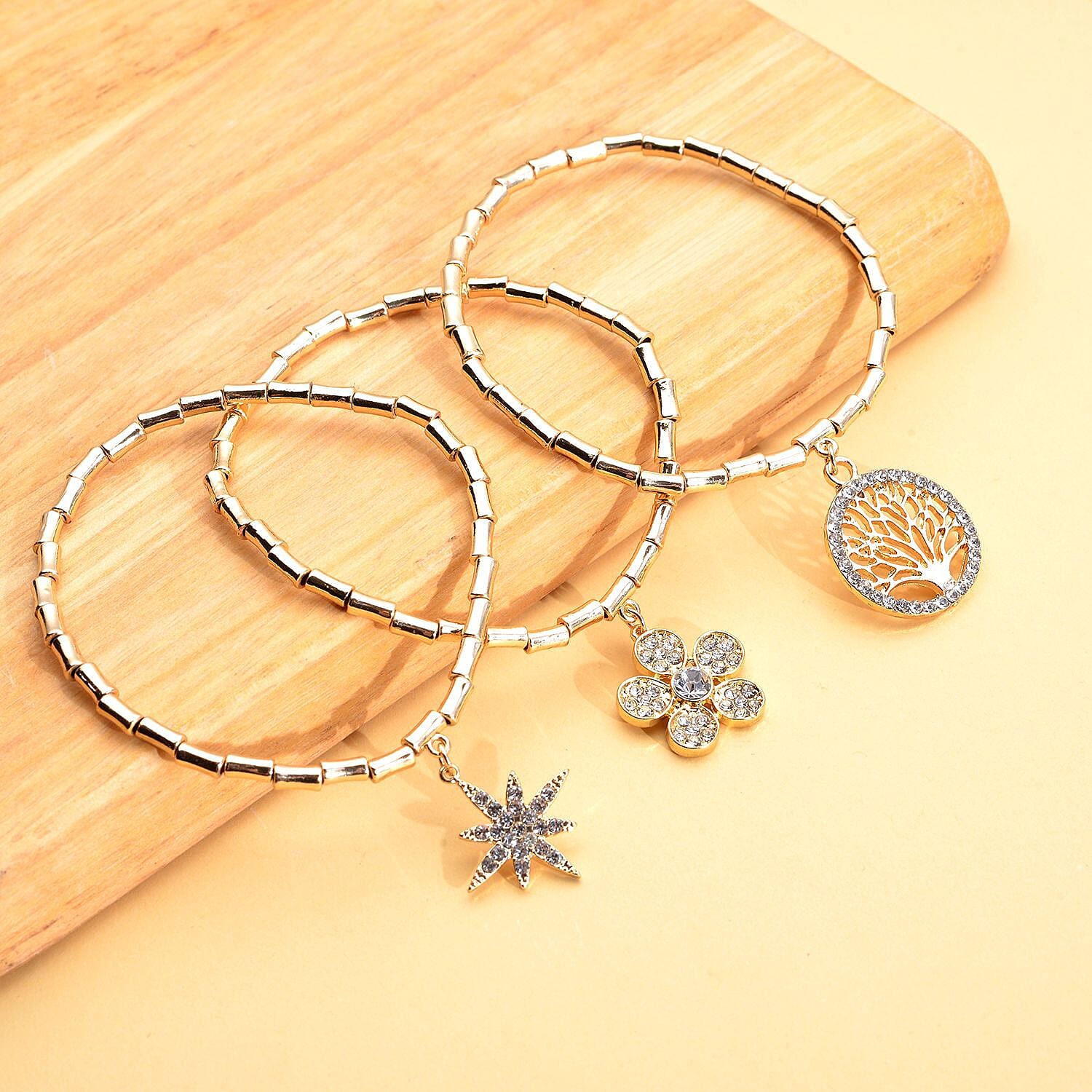 Set of 3 - White Austrian Crystal Flower, Star & Tree of Life Charm Stretchable Bracelet