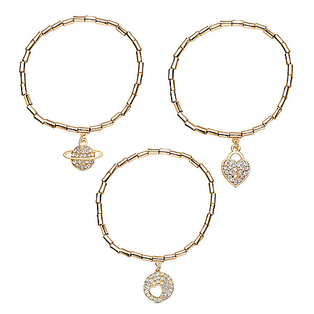 Set of 3 - White Austrian Crystal Heart, Circle of Life & Planet Charm Stretchable Bracelet (Size 7.5) in Yellow Gold Tone