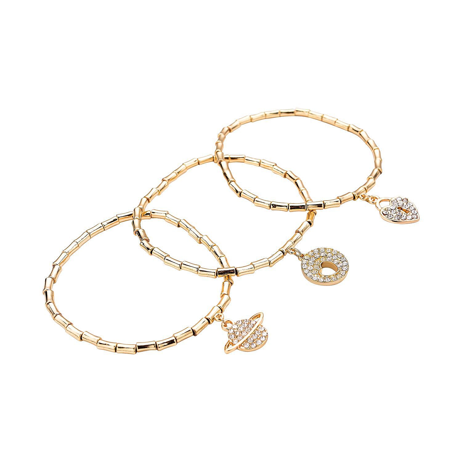 Set of 3 - White Austrian Crystal Heart, Circle of Life & Planet Charm Stretchable Bracelet (Size 7.5) in Yellow Gold Tone