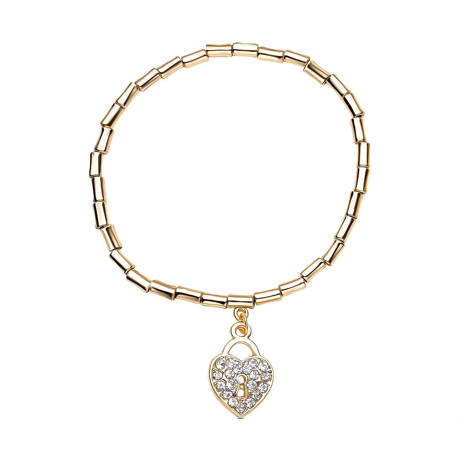 Set of 3 - White Austrian Crystal Heart, Circle of Life & Planet Charm Stretchable Bracelet (Size 7.5) in Yellow Gold Tone