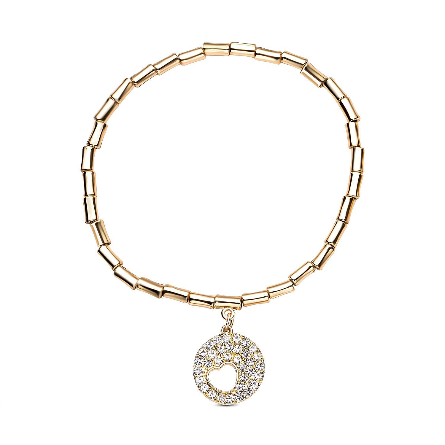 Set of 3 - White Austrian Crystal Heart, Circle of Life & Planet Charm Stretchable Bracelet (Size 7.5) in Yellow Gold Tone