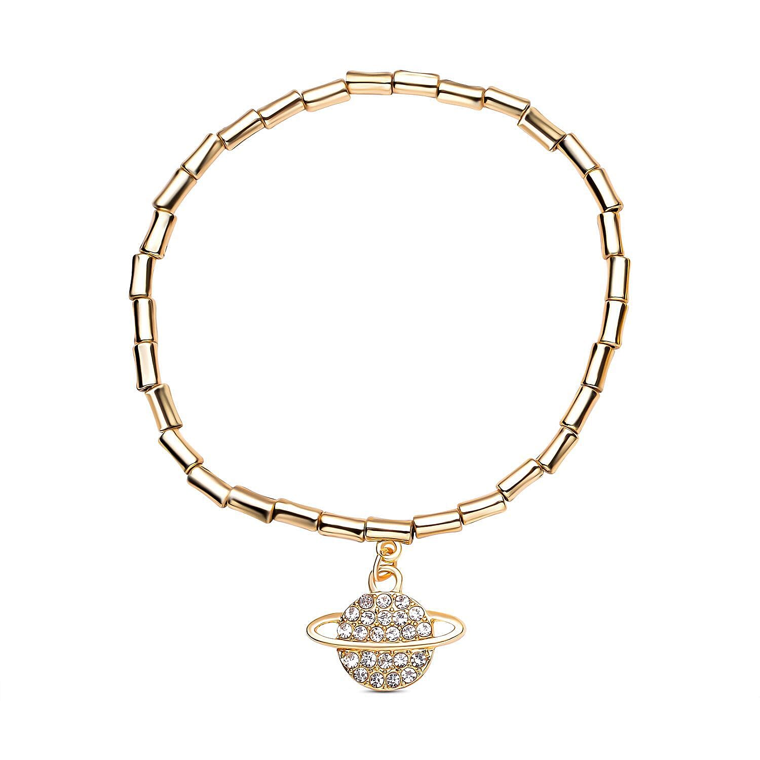 Set of 3 - White Austrian Crystal Heart, Circle of Life & Planet Charm Stretchable Bracelet (Size 7.5) in Yellow Gold Tone