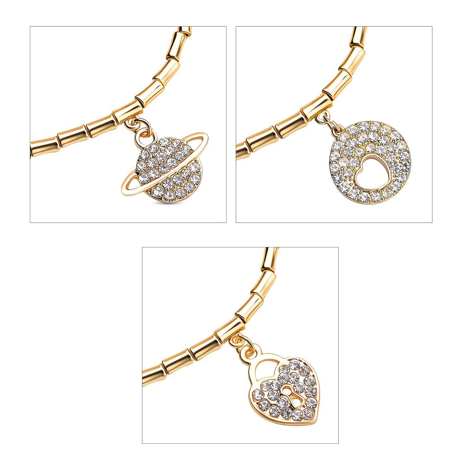 Set of 3 - White Austrian Crystal Heart, Circle of Life & Planet Charm Stretchable Bracelet (Size 7.5) in Yellow Gold Tone