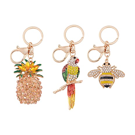 Set of 3 - Orange Cubic Zirconia & Black Crystal Enamelled Key Chain