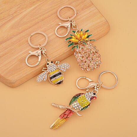 Set of 3 - Orange Cubic Zirconia & Black Crystal Enamelled Key Chain