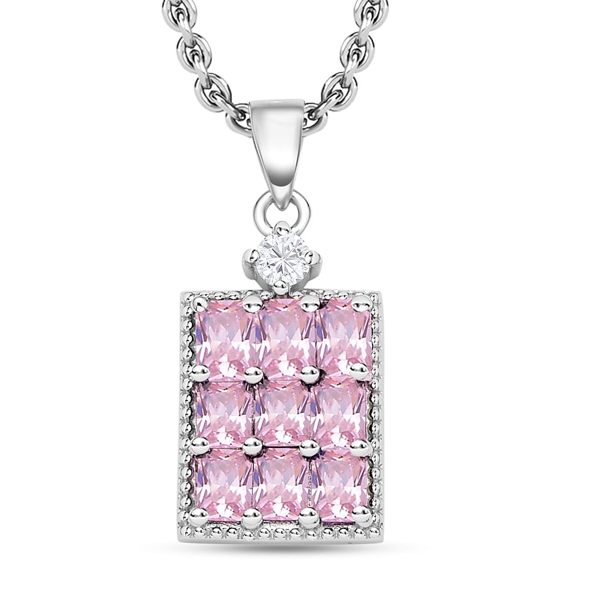 Simulated Diamond and Pink Cubic Zirconia Pendant with Stainless Chain (Size - 20 ) in Rhodium Overlay Sterling Silver.
