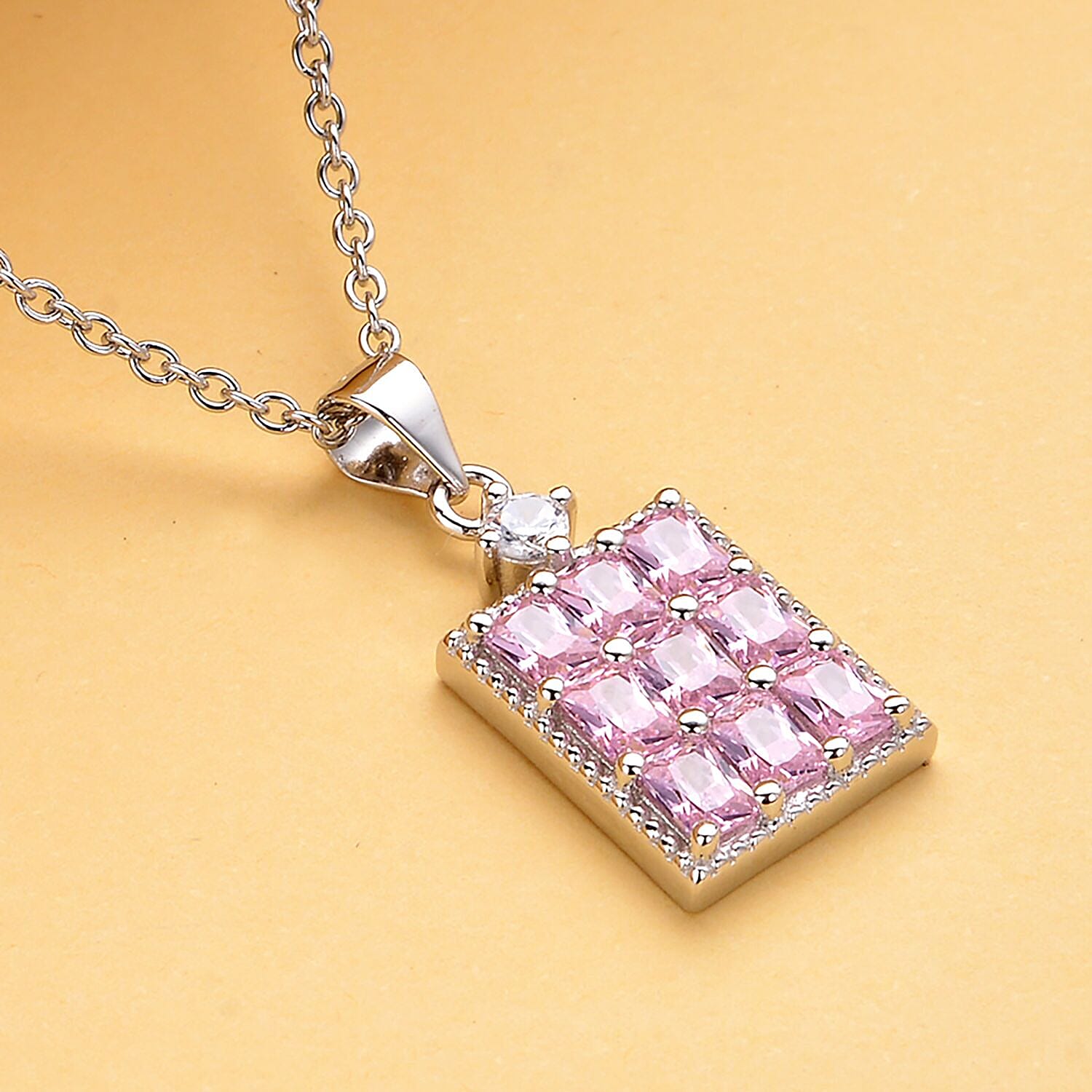Simulated Diamond and Pink Cubic Zirconia Pendant with Stainless Chain (Size - 20 ) in Rhodium Overlay Sterling Silver.