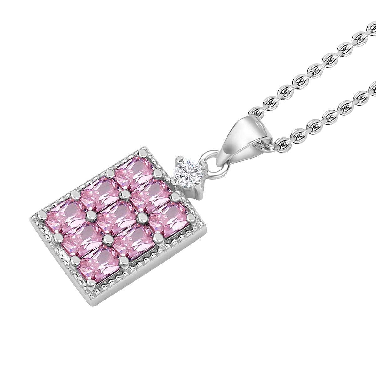 Simulated Diamond and Pink Cubic Zirconia Pendant with Stainless Chain (Size - 20 ) in Rhodium Overlay Sterling Silver.