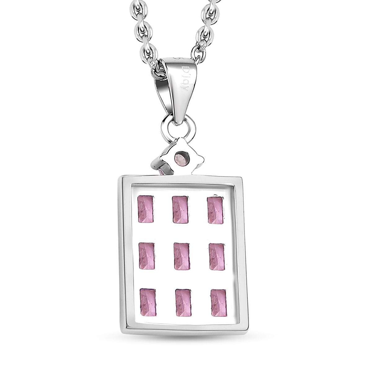 Simulated Diamond and Pink Cubic Zirconia Pendant with Stainless Chain (Size - 20 ) in Rhodium Overlay Sterling Silver.