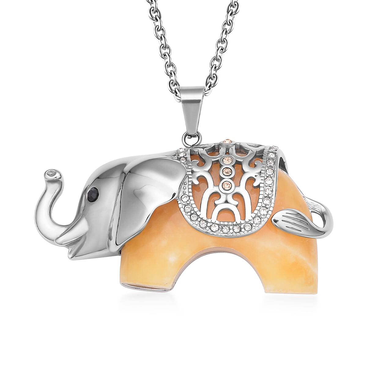 Dyed Yellow Jade and Multi Colour Austrian Crystal Elephant Pendant with Chain (Size-24) in Silver Tone