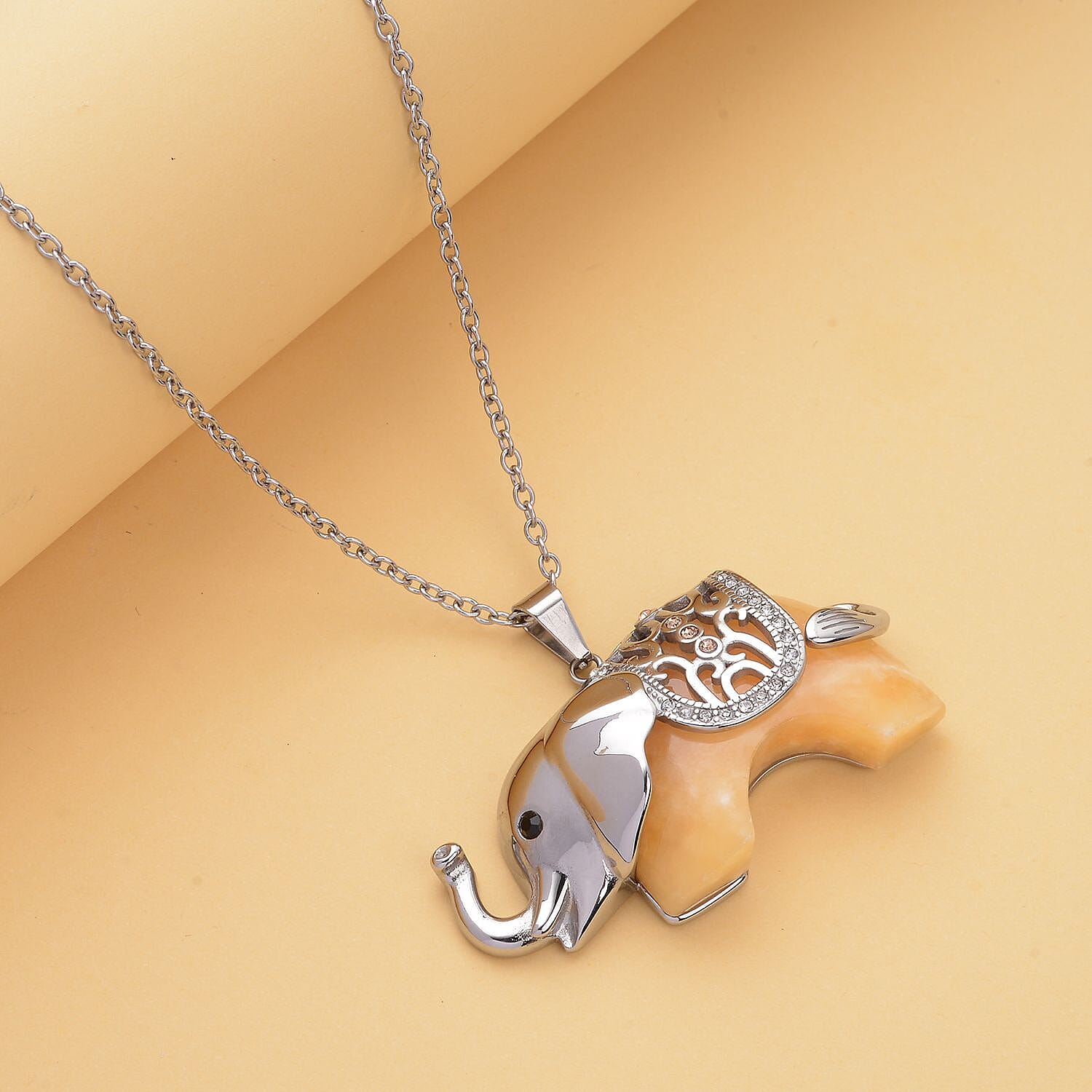 Dyed Yellow Jade and Multi Colour Austrian Crystal Elephant Pendant with Chain (Size-24) in Silver Tone