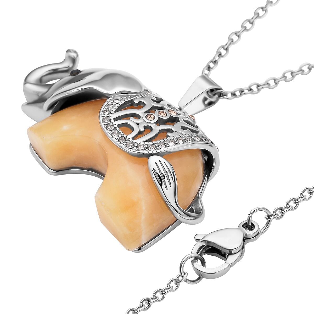 Dyed Yellow Jade and Multi Colour Austrian Crystal Elephant Pendant with Chain (Size-24) in Silver Tone
