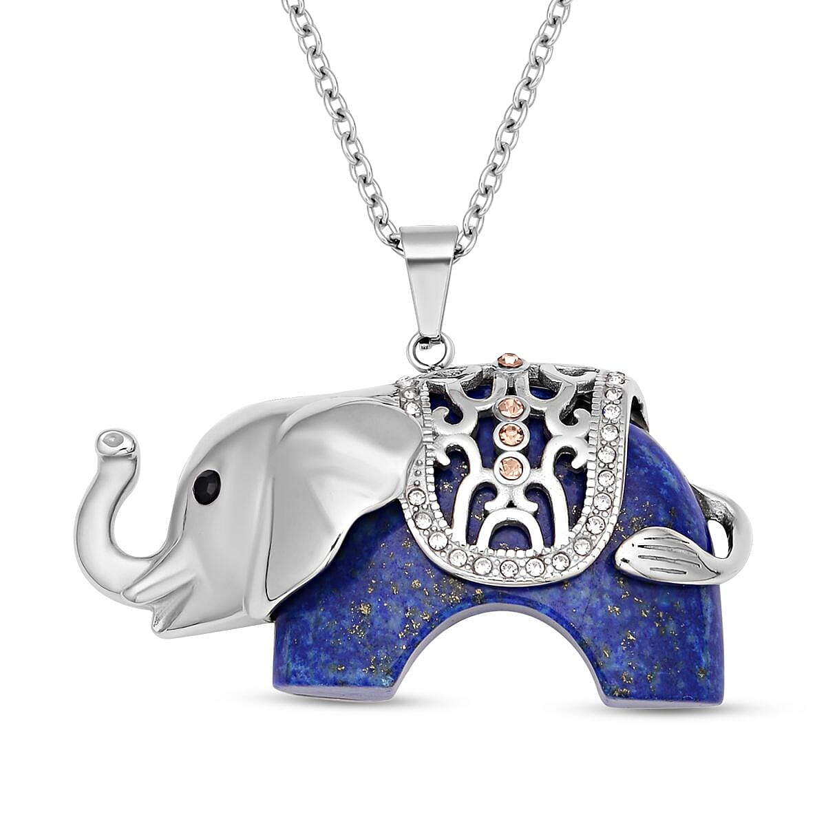 Lapis Lazuli and Multi Colour Austrian Crystal Elephant Pendant with Chain (Size- 24) in Silver Tone