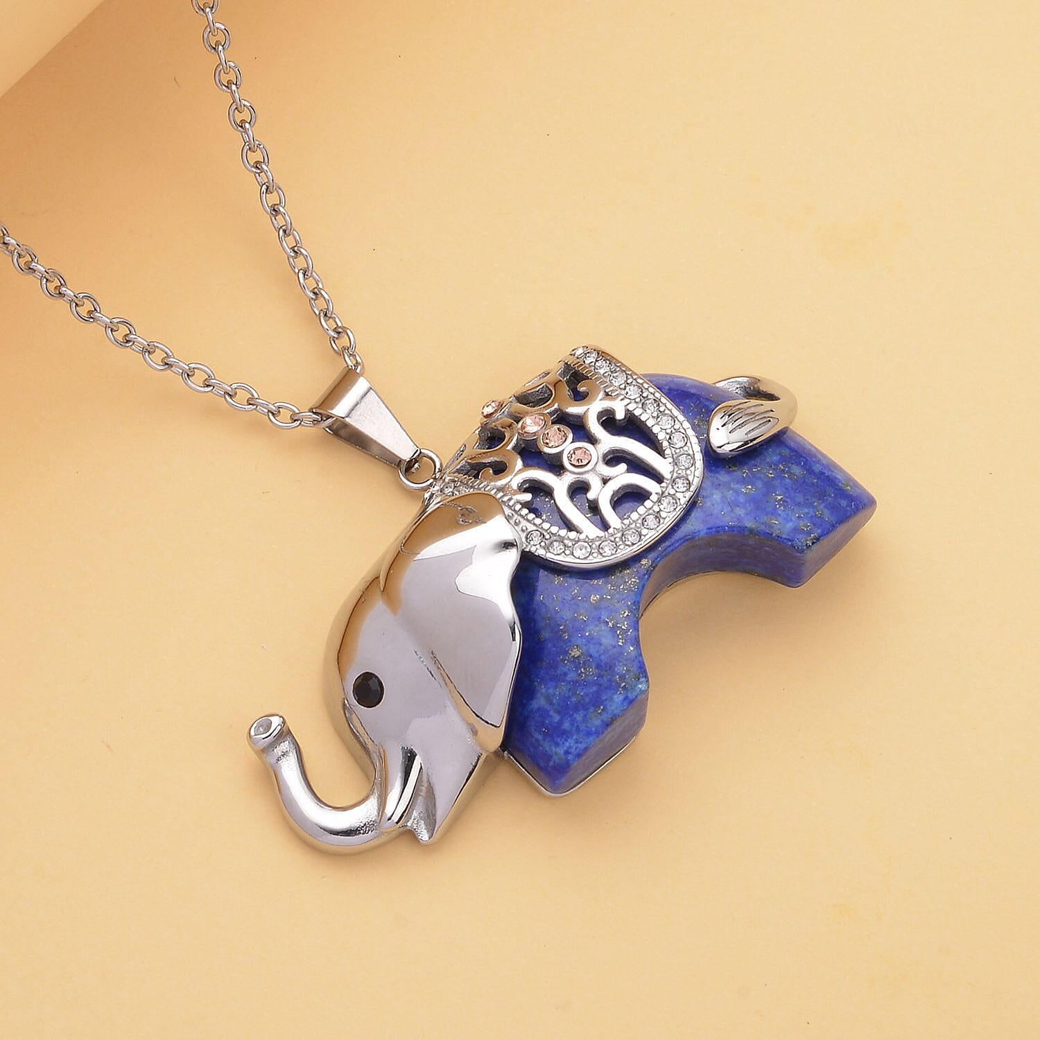 Lapis Lazuli and Multi Colour Austrian Crystal Elephant Pendant with Chain (Size- 24) in Silver Tone