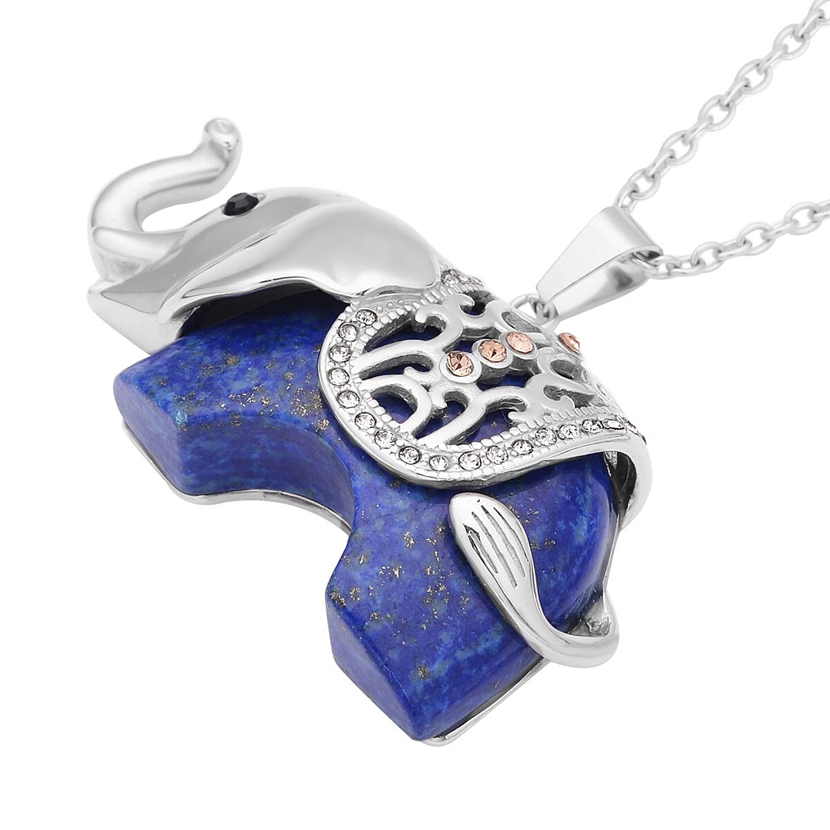 Lapis Lazuli and Multi Colour Austrian Crystal Elephant Pendant with Chain (Size- 24) in Silver Tone