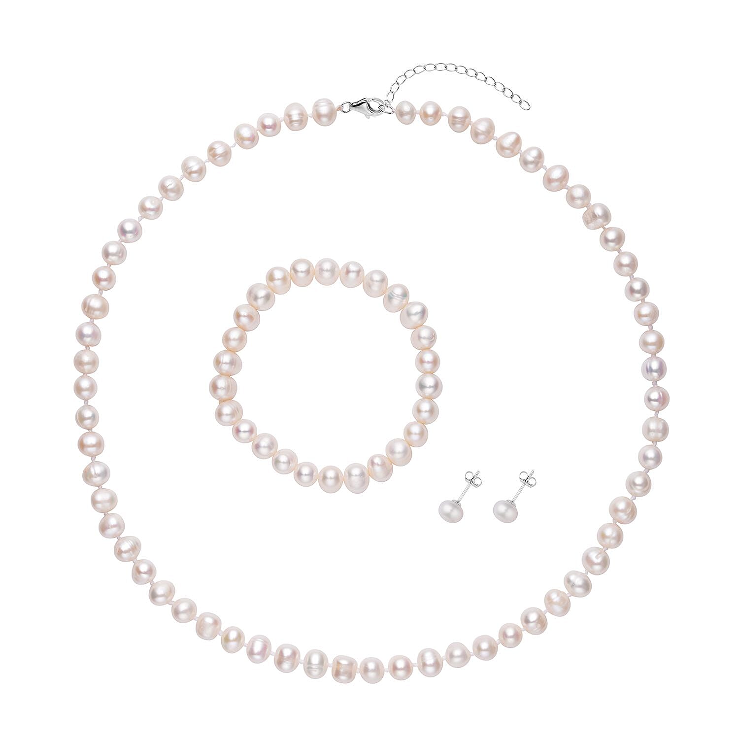 3 Piece Set -  White Fresh Water Pearl Stone Bracelet ( size 6.5)and Necklace (Size - 18 With  2 Inch Extender) and Earrings (With Push Back)  in Rhodium Overlay Sterling Silver pearl 243.000  Ct.