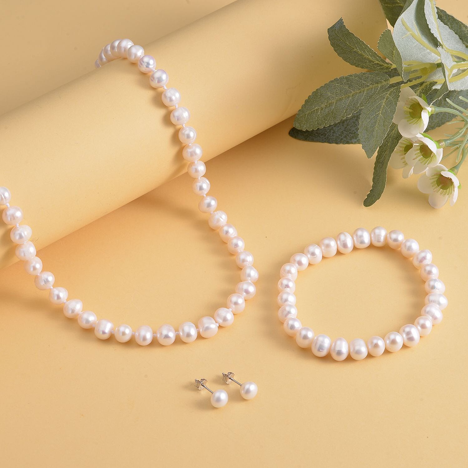 3 Piece Set -  White Fresh Water Pearl Stone Bracelet ( size 6.5)and Necklace (Size - 18 With  2 Inch Extender) and Earrings (With Push Back)  in Rhodium Overlay Sterling Silver pearl 243.000  Ct.