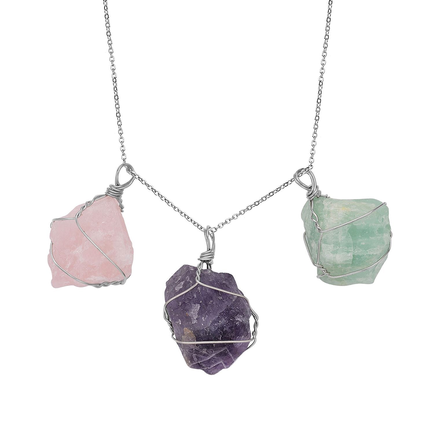 Green Fluorite, Rose Quartz and Amethyst Pendant with Stainless Steel Chain (Size 20) in Silver Tone