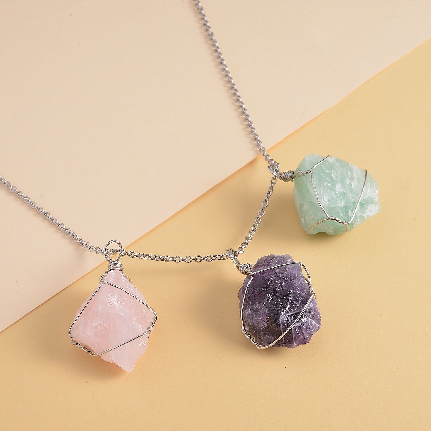 Green Fluorite, Rose Quartz and Amethyst Pendant with Stainless Steel Chain (Size 20) in Silver Tone