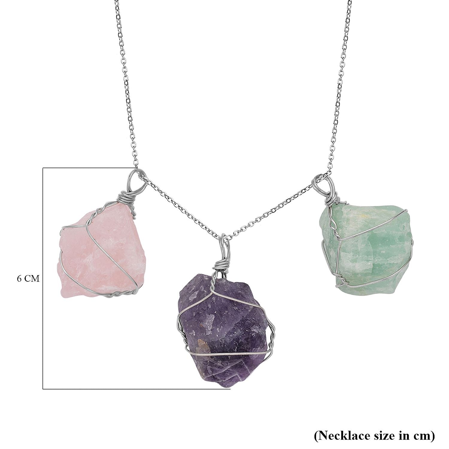 Green Fluorite, Rose Quartz and Amethyst Pendant with Stainless Steel Chain (Size 20) in Silver Tone