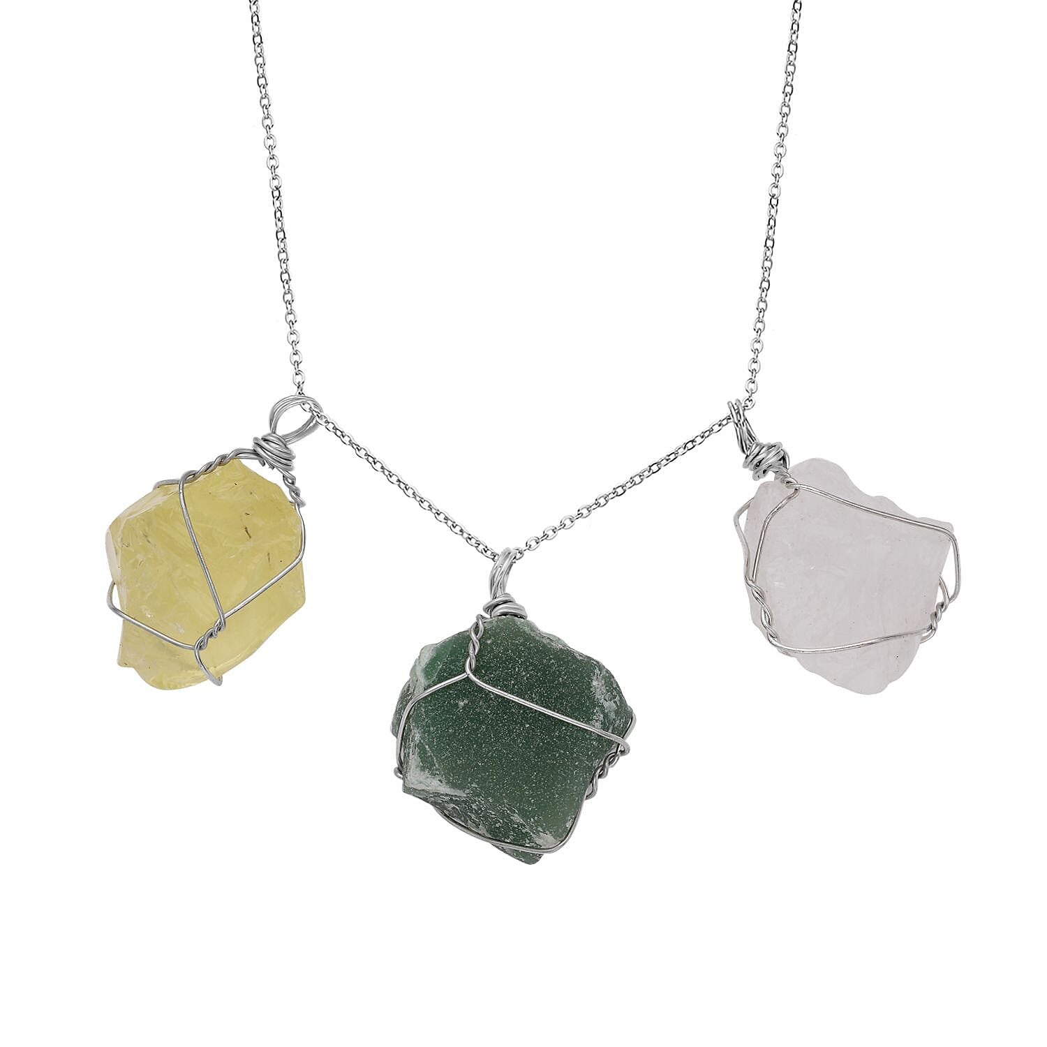 Set of 3 - Green Aventurine, White Quartz and Citrine Dainty Pendant with Stainless Steel Chain (Size 20-2 Inch Ext.) in Silver Tone