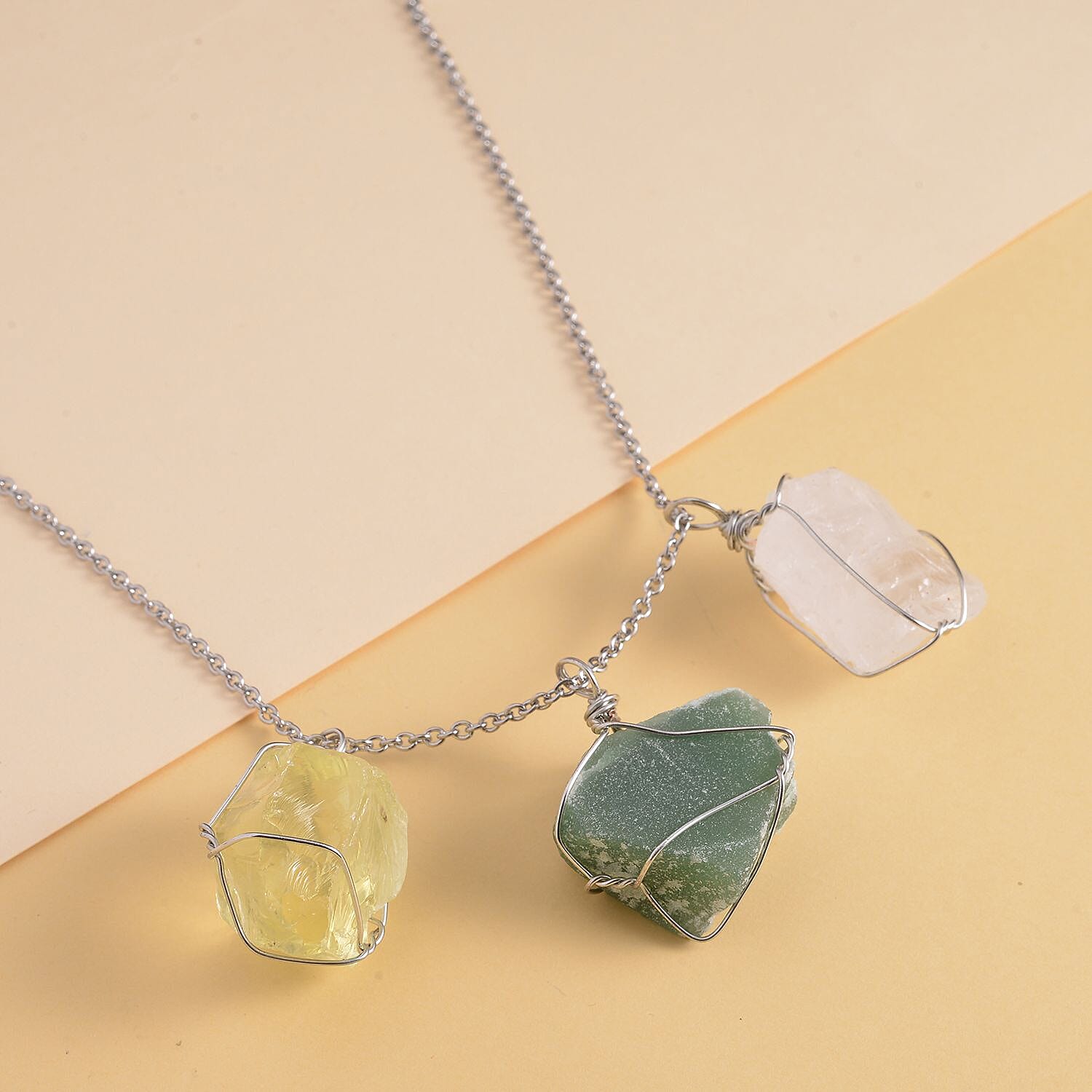 Set of 3 - Green Aventurine, White Quartz and Citrine Dainty Pendant with Stainless Steel Chain (Size 20-2 Inch Ext.) in Silver Tone