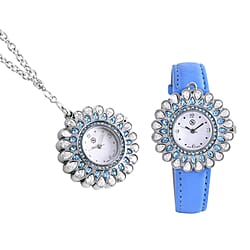 2 Piece Set - STRADA Japanese Movement Floral Design Water Resistant Watch with Blue Colour Strap and Pendant with Chain