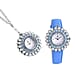 2 Piece Set - STRADA Japanese Movement Floral Design Water Resistant Watch with Blue Colour Strap and Pendant with Chain