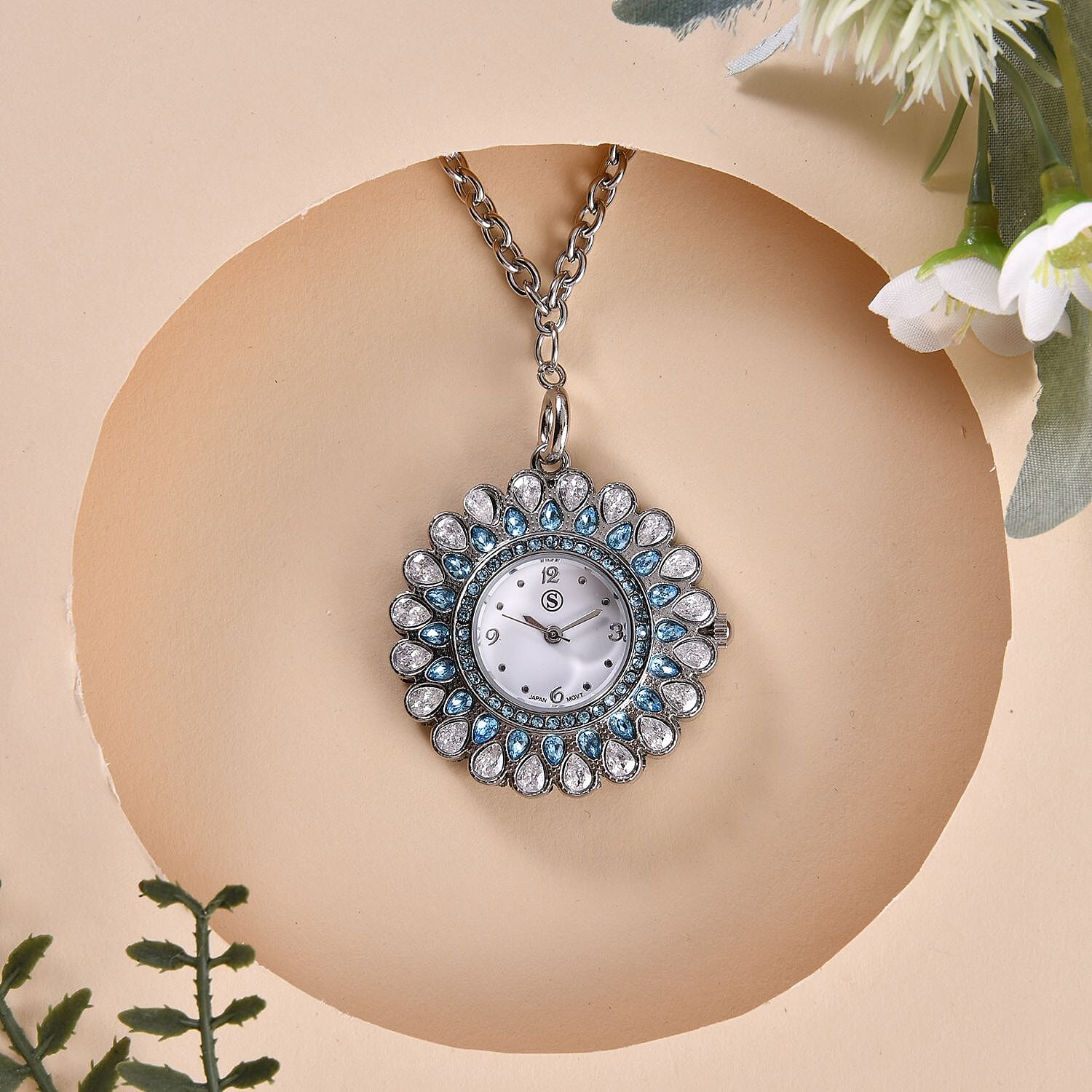 2 Piece Set - STRADA Japanese Movement Floral Design Water Resistant Watch with Blue Colour Strap and Pendant with Chain