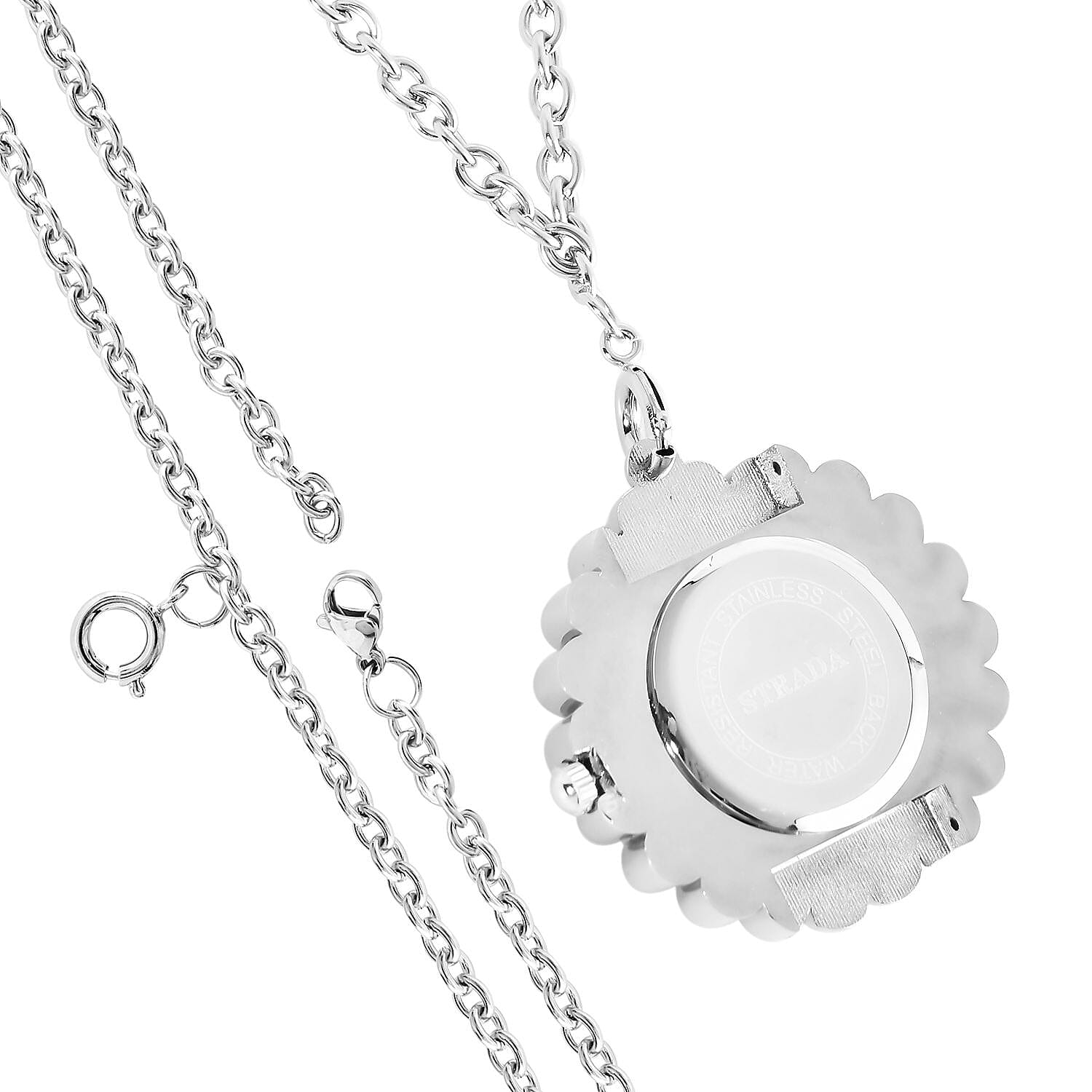 2 Piece Set - STRADA Japanese Movement Floral Design Water Resistant Watch with Blue Colour Strap and Pendant with Chain