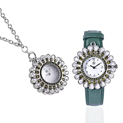 2 Piece Set - STRADA Japanese Movement Floral Design Water Resistant Watch with Blue Colour Strap and Pendant with Chain