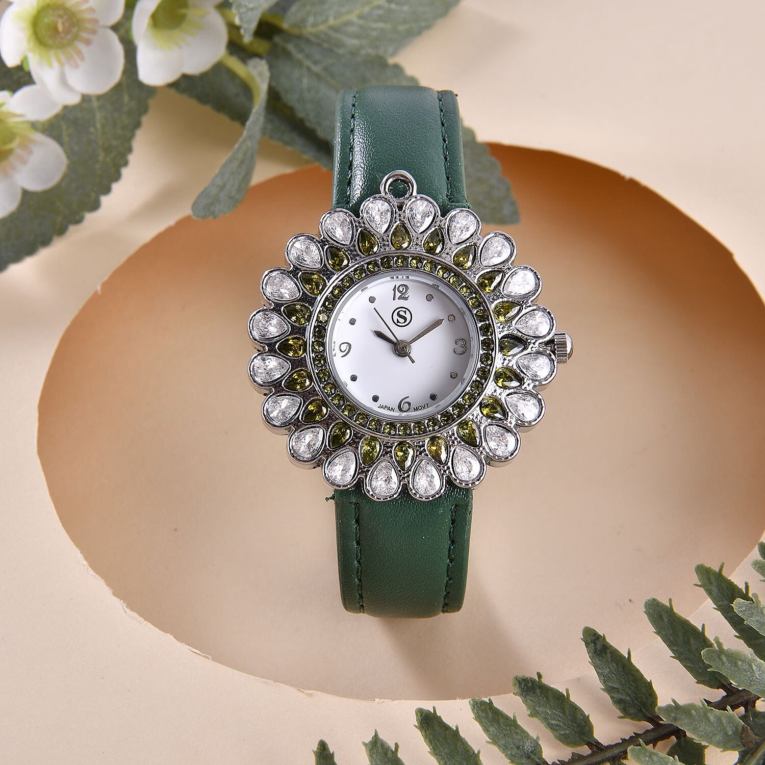 2 Piece Set - STRADA Japanese Movement Floral Design Water Resistant Watch with Green Colour Strap and Pendant with Chain (Size 28)