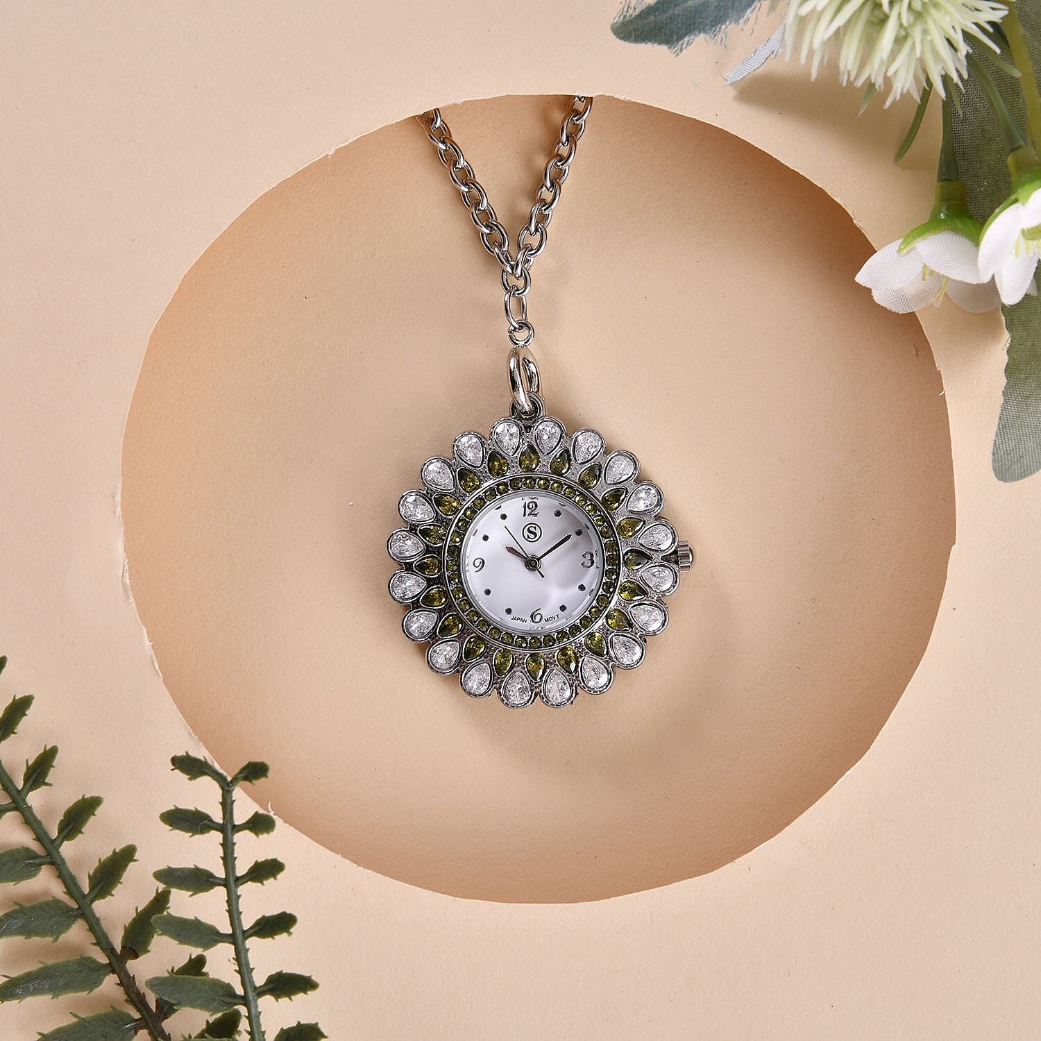 2 Piece Set - STRADA Japanese Movement Floral Design Water Resistant Watch with Green Colour Strap and Pendant with Chain (Size 28)