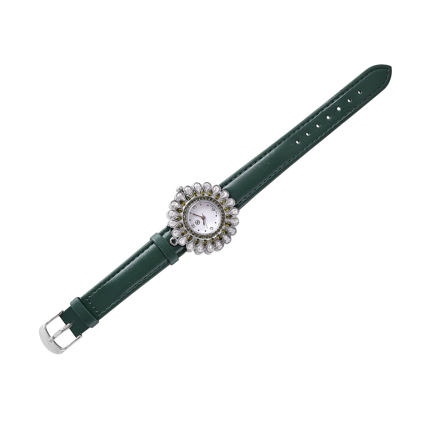 2 Piece Set - STRADA Japanese Movement Floral Design Water Resistant Watch with Green Colour Strap and Pendant with Chain (Size 28)