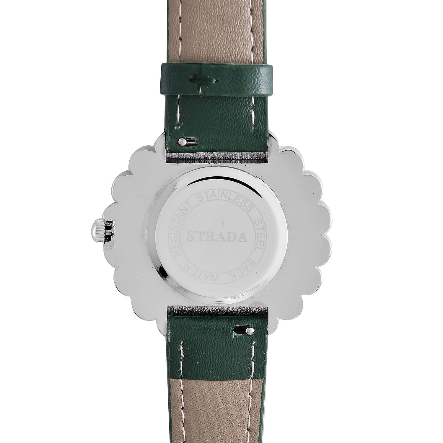 2 Piece Set - STRADA Japanese Movement Floral Design Water Resistant Watch with Green Colour Strap and Pendant with Chain (Size 28)