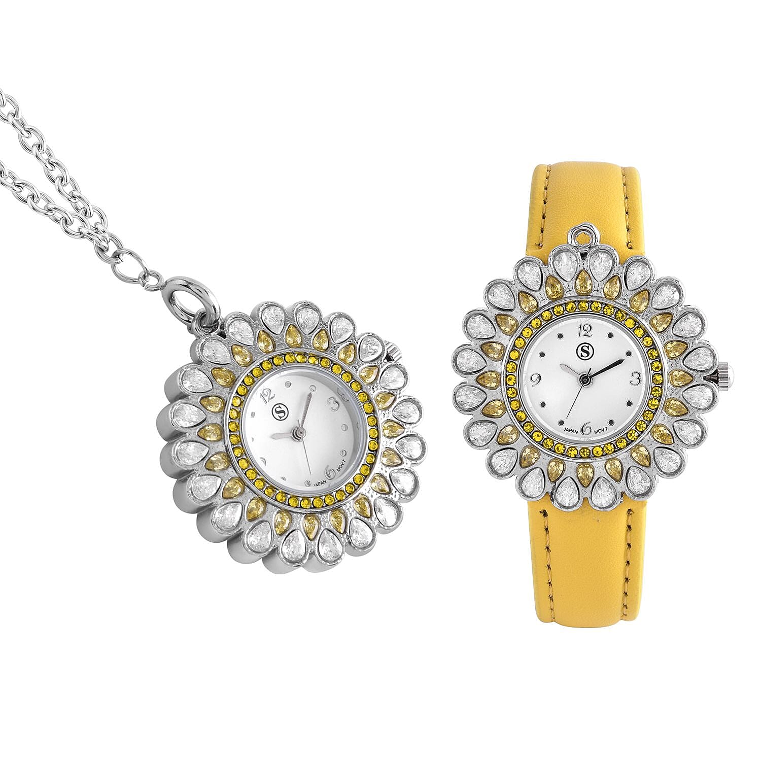 2 Piece Set - STRADA Japanese Movement Floral Design Water Resistant Watch with Yellow Colour Strap and Pendant with Chain (Size 28)
