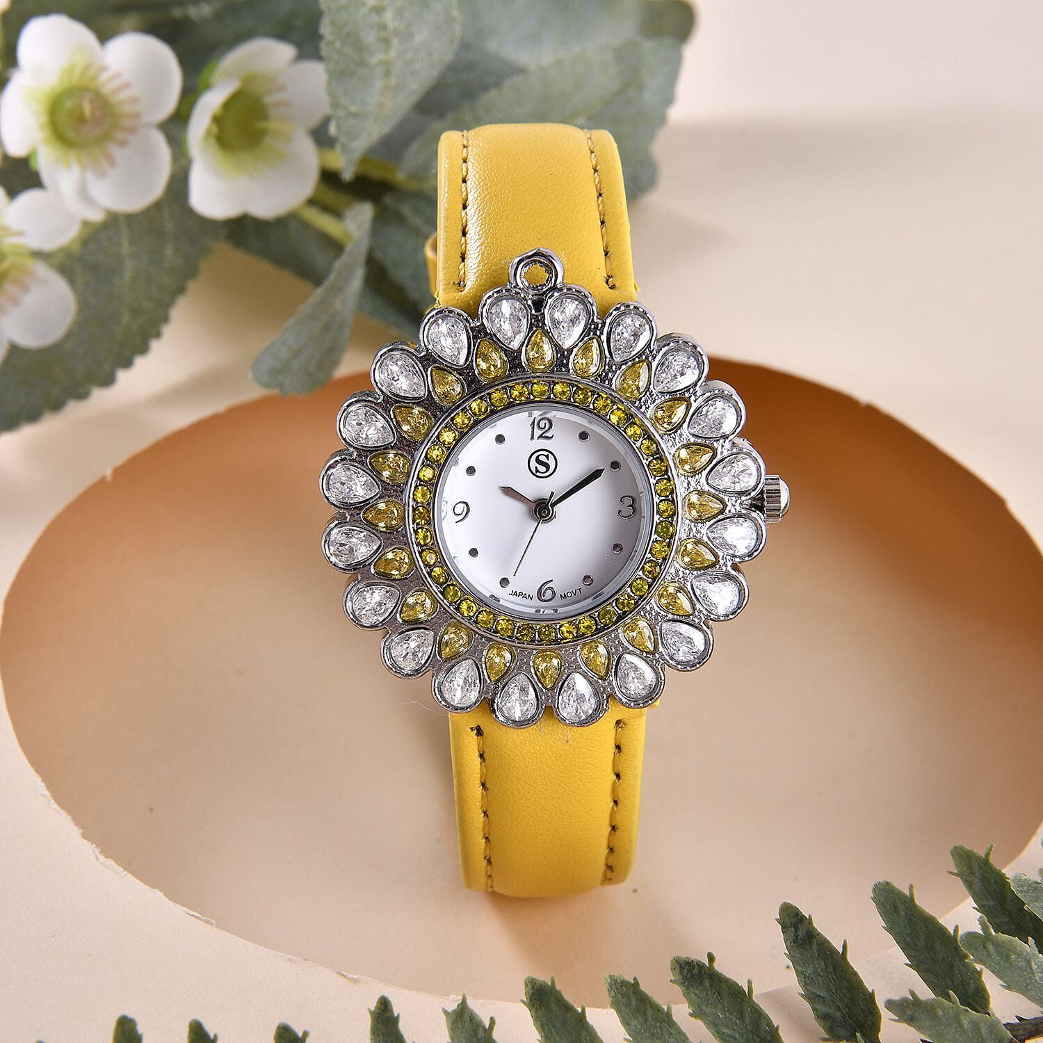 2 Piece Set - STRADA Japanese Movement Floral Design Water Resistant Watch with Yellow Colour Strap and Pendant with Chain (Size 28)