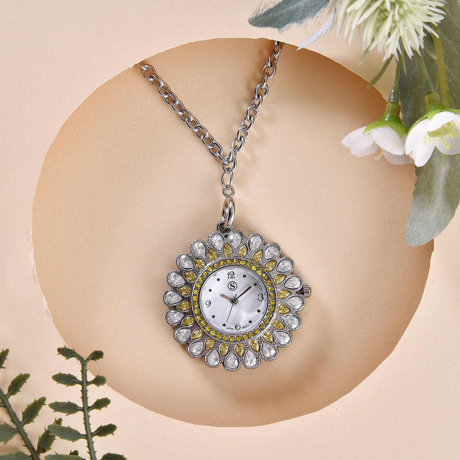 2 Piece Set - STRADA Japanese Movement Floral Design Water Resistant Watch with Yellow Colour Strap and Pendant with Chain (Size 28)