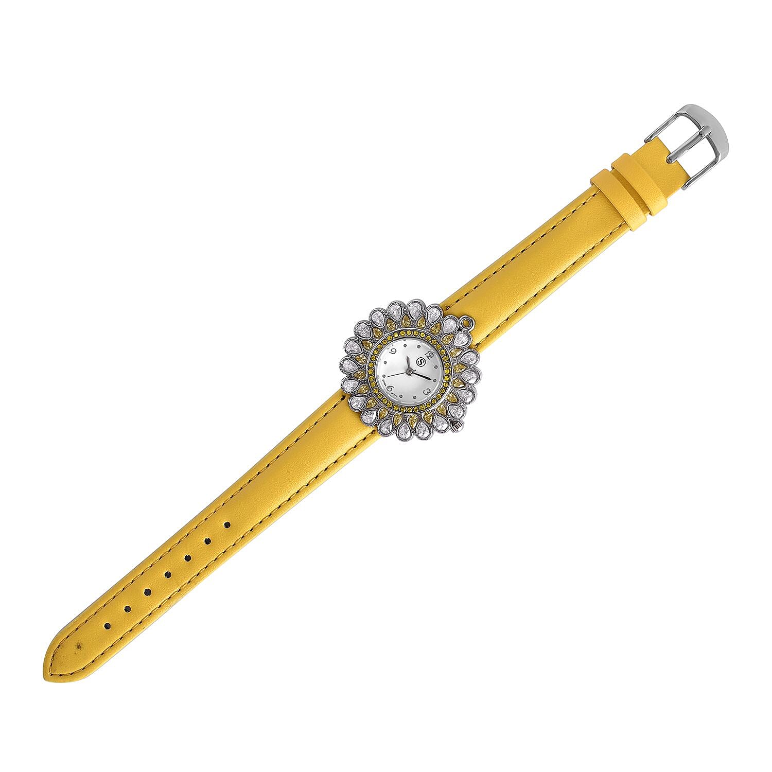 2 Piece Set - STRADA Japanese Movement Floral Design Water Resistant Watch with Yellow Colour Strap and Pendant with Chain (Size 28)