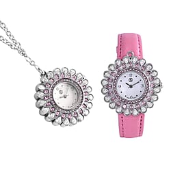 2 Piece Set - STRADA Japanese Movement Floral Design Water Resistant Watch with Blue Colour Strap and Pendant with Chain