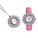 2 Piece Set - STRADA Japanese Movement Floral Design Water Resistant Watch with Blue Colour Strap and Pendant with Chain