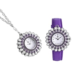 2 Piece Set - STRADA Japanese Movement Floral Design Water Resistant Watch with Blue Colour Strap and Pendant with Chain