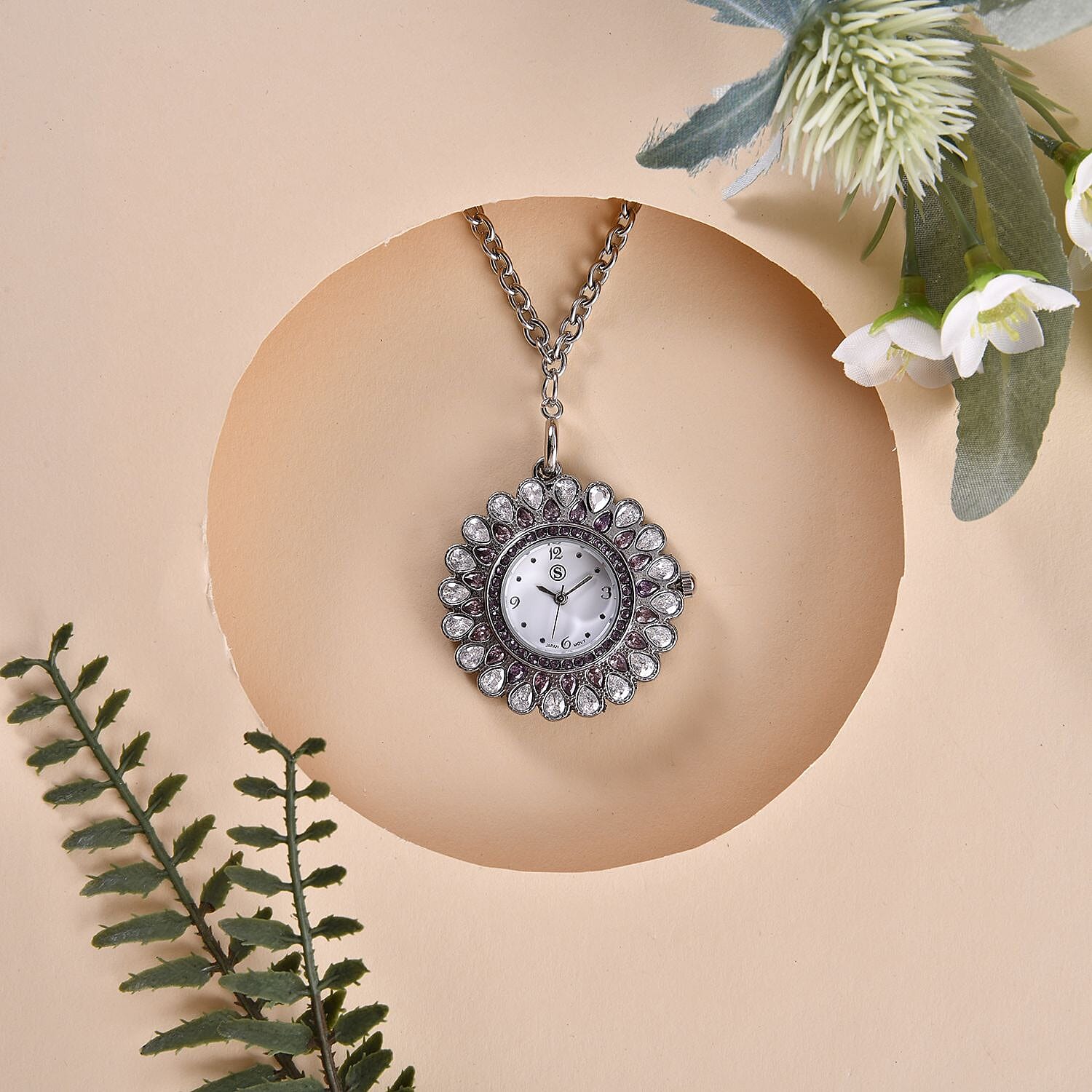 2 Piece Set - STRADA Japanese Movement Floral Design Water Resistant Watch with Purple Colour Strap and Pendant with Chain (Size 28)