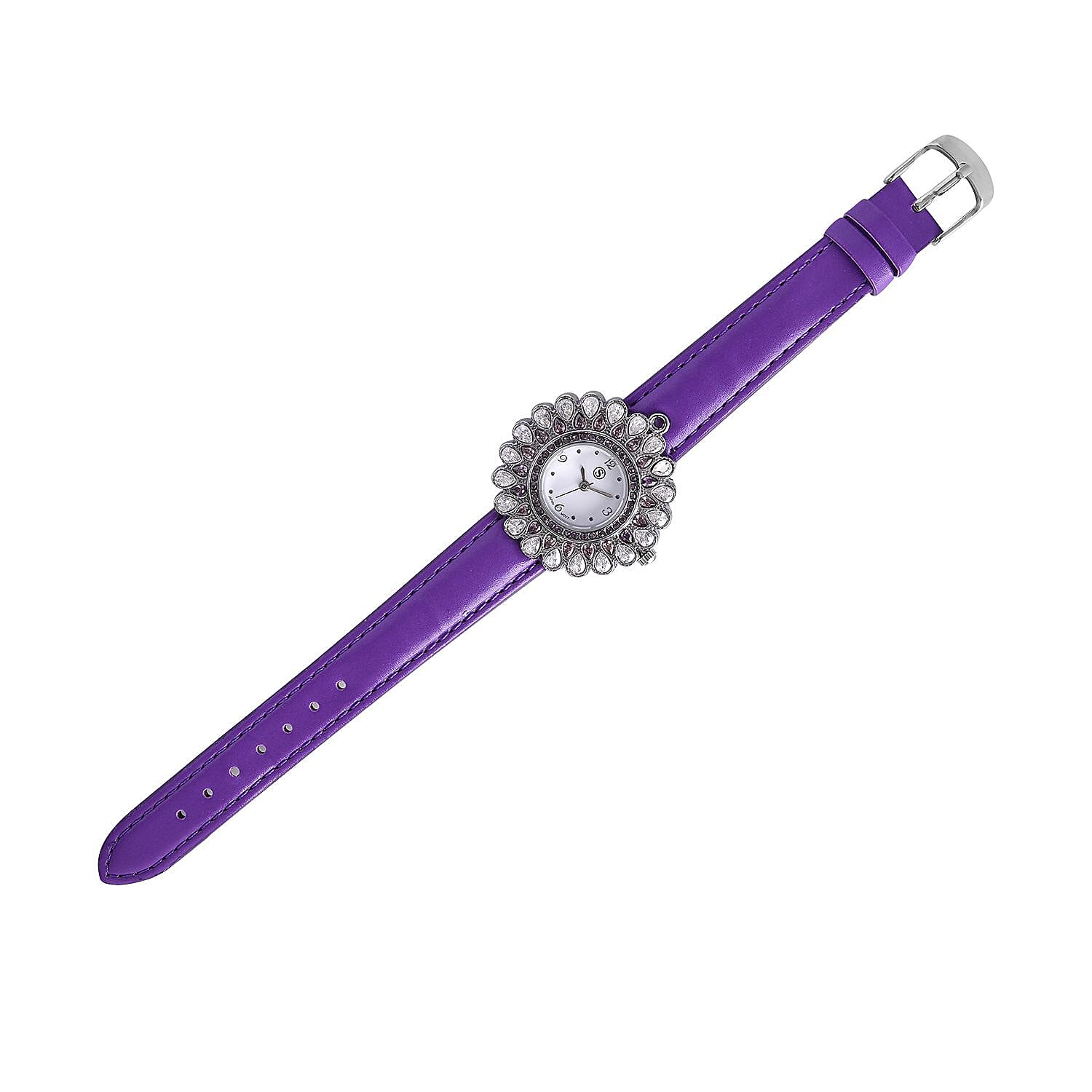 2 Piece Set - STRADA Japanese Movement Floral Design Water Resistant Watch with Purple Colour Strap and Pendant with Chain (Size 28)