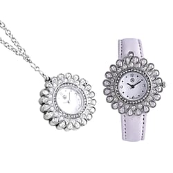 2 Piece Set - STRADA Japanese Movement Floral Design Water Resistant Watch with Blue Colour Strap and Pendant with Chain
