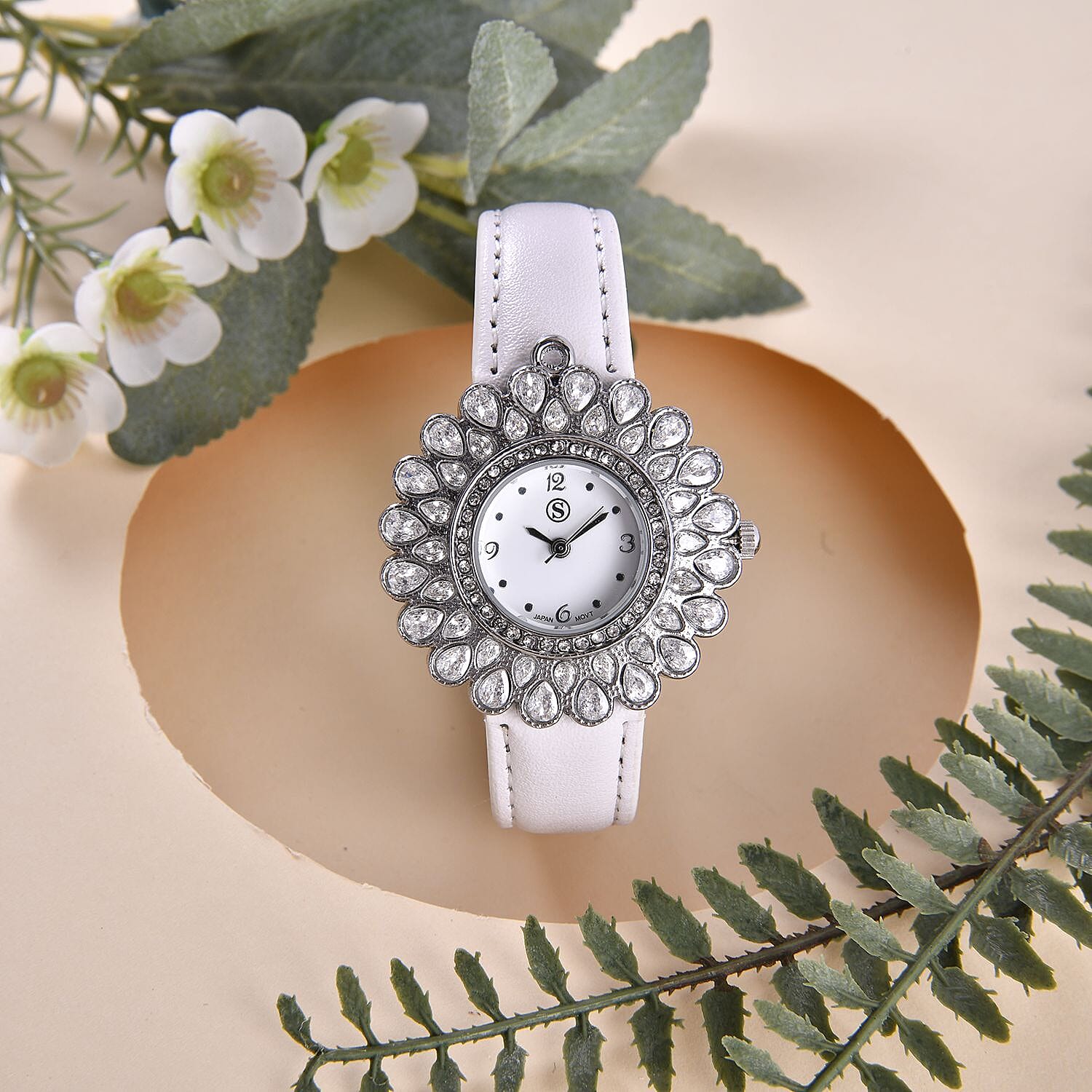 2 Piece Set - STRADA Japanese Movement Floral Design Water Resistant Watch with White Colour Strap and Pendant with Chain (Size 28)