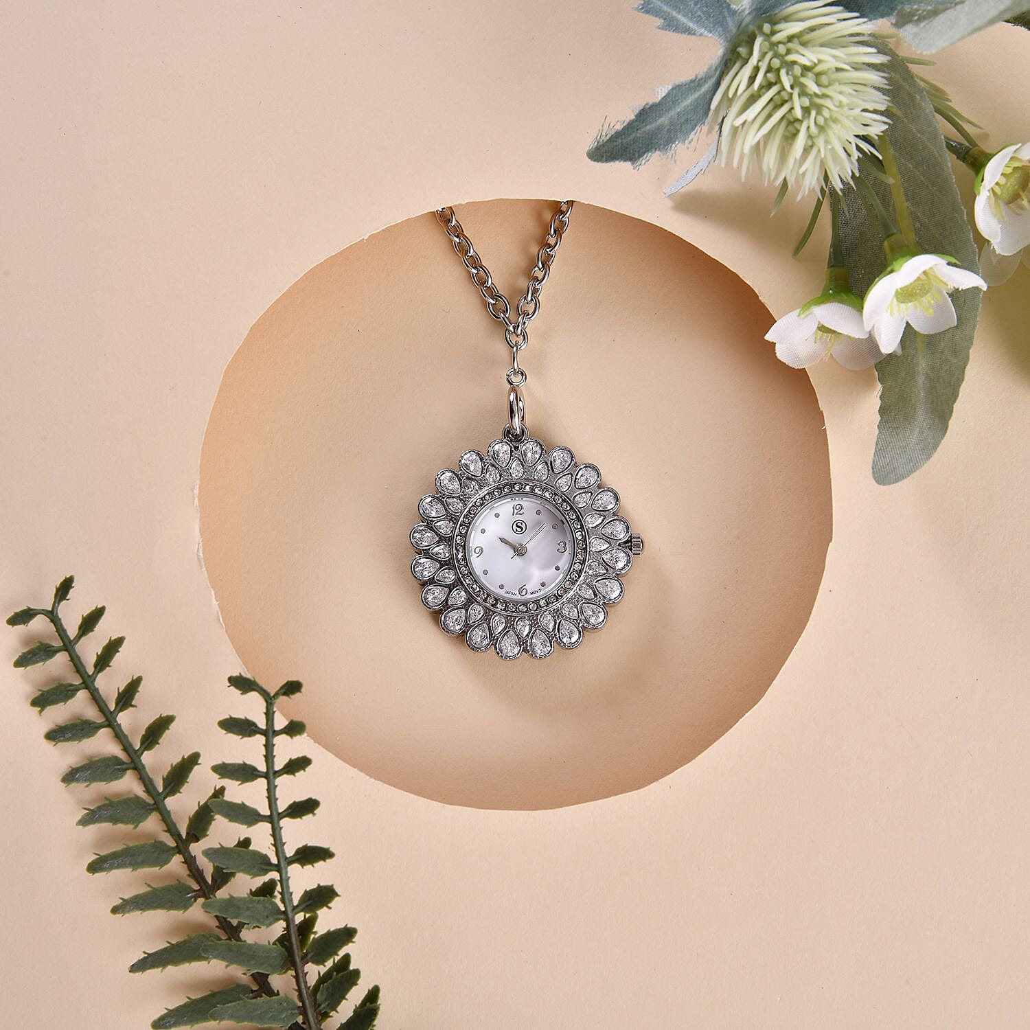 2 Piece Set - STRADA Japanese Movement Floral Design Water Resistant Watch with White Colour Strap and Pendant with Chain (Size 28)