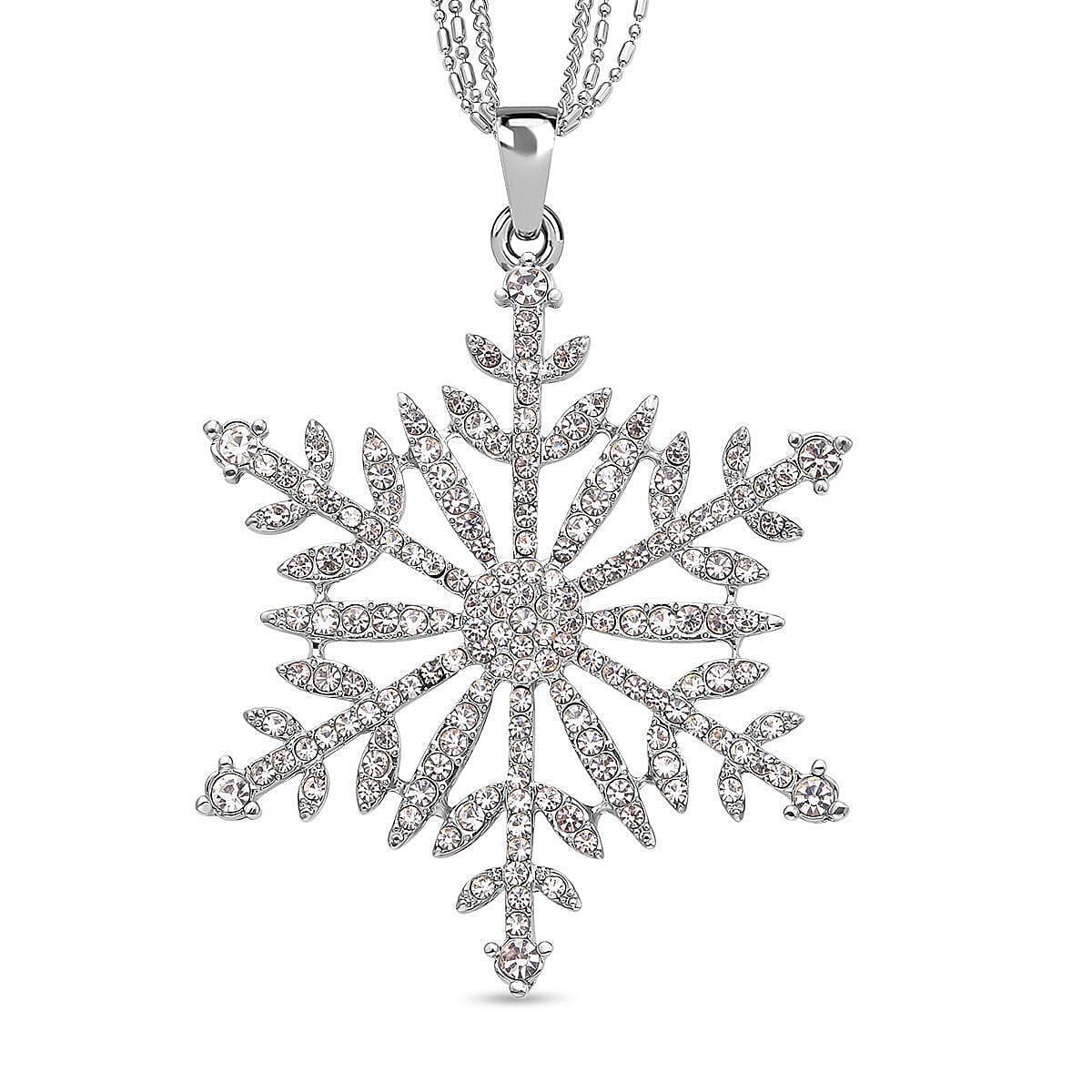 White Austrian Crystal Snowflake Pendant with Chain (28 With 2.5 Inch Extender) in Silver Tone